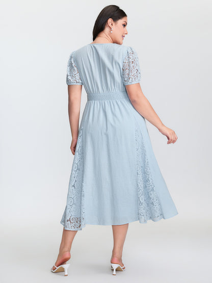 Lace Panels Shirred Waist Midi Dress