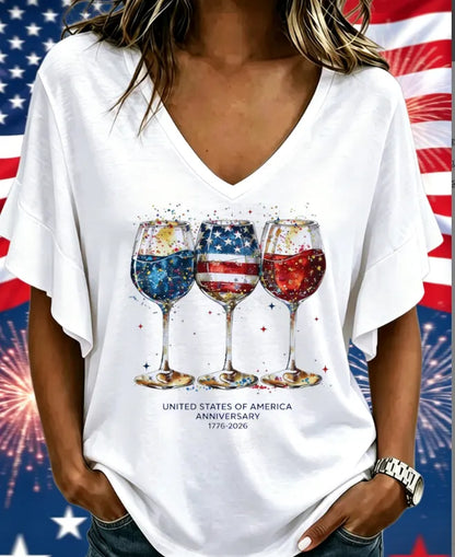 Women Wine Glass Celebration Print Short Sleeve Tee T-shirt V Neck Casual Summer Top