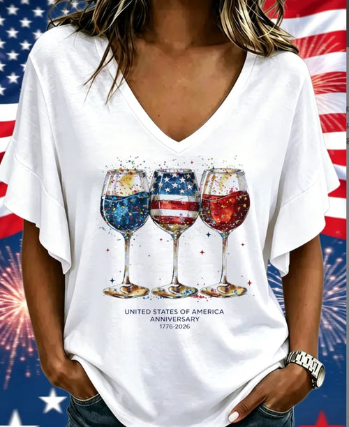 Women Wine Glass Celebration Print Short Sleeve Tee T-shirt V Neck Casual Summer Top