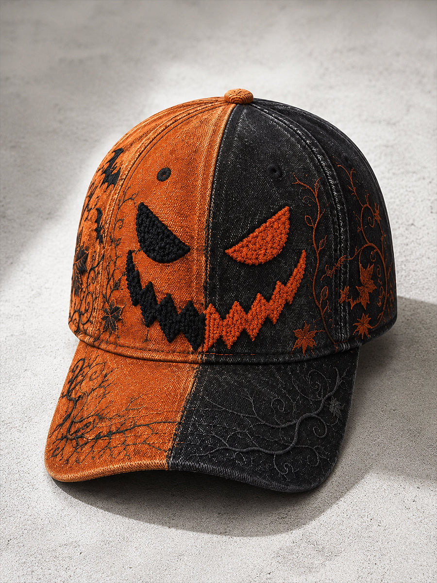 Vintage Jack-O’-Lantern Halloween Baseball Cap – Orange & Black Washed Gothic Hat
