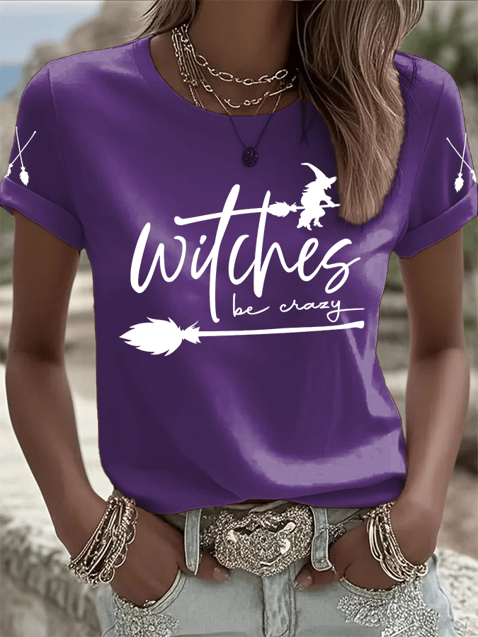 🔥HOT SALE🔥Women's Halloween Witch Be Crazy Print Crew Neck T-Shirt