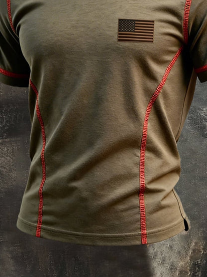 Men'S Retro Color-Block Short-Sleeve T-Shirt With Line Splicing
