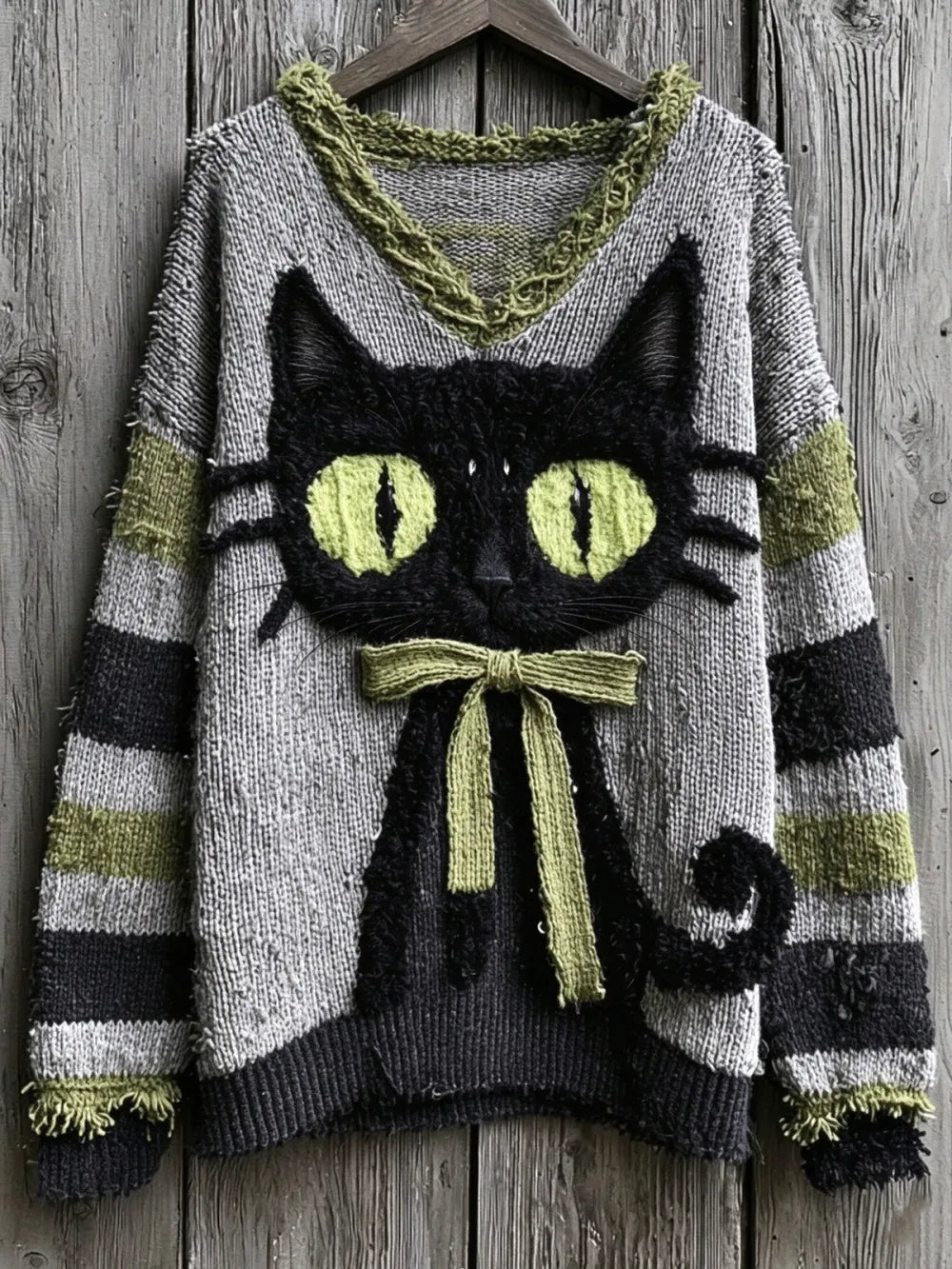 Women's V-Neck Drop-Shoulder Cat-Print Sweatshirt