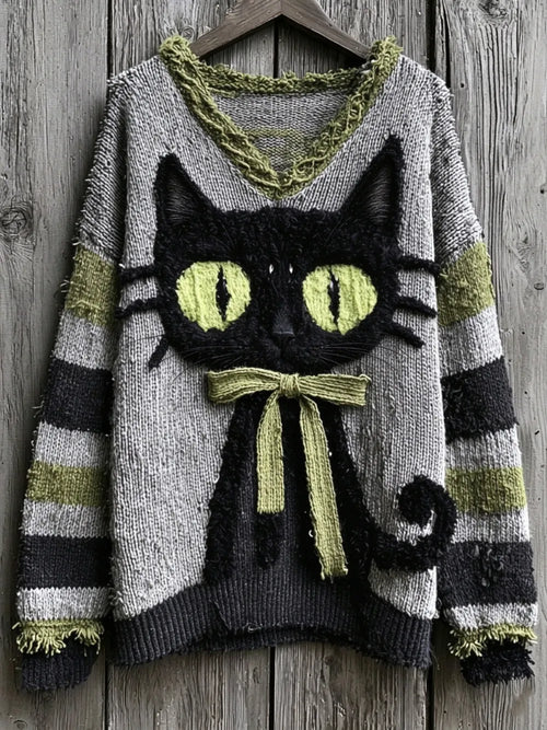Women's V-Neck Drop-Shoulder Cat-Print Sweatshirt