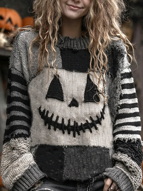Women's Crew Neck Drop-Shoulder Knit Sweater with Wicked Pumpkin Graphic