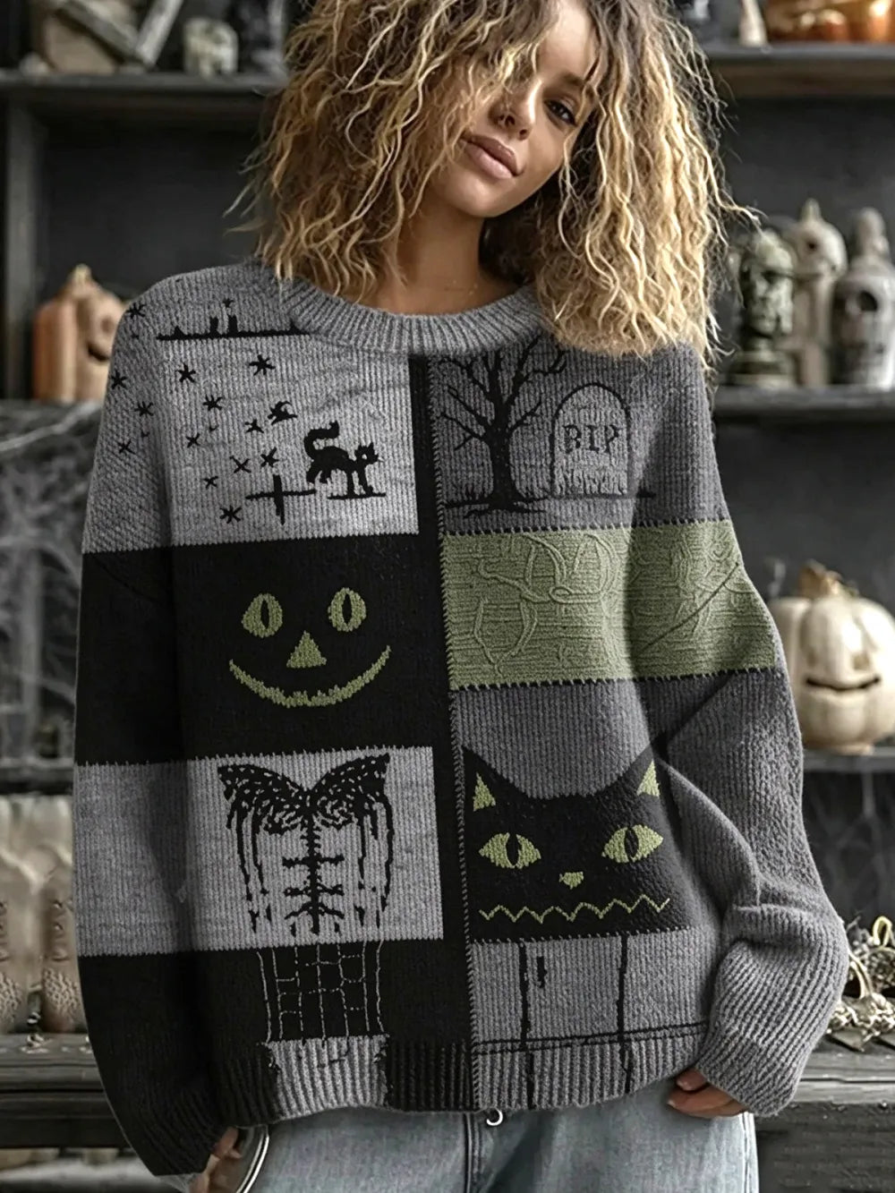 Women's Cat-Pattern Crew-Neck Drop-Shoulder Sweater