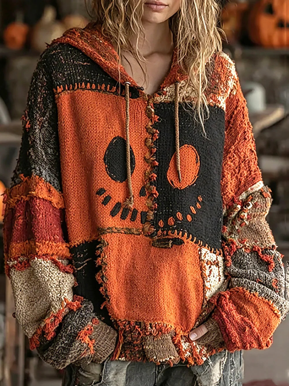 Women's Pumpkin-Themed Hooded Knit Sweatshirt