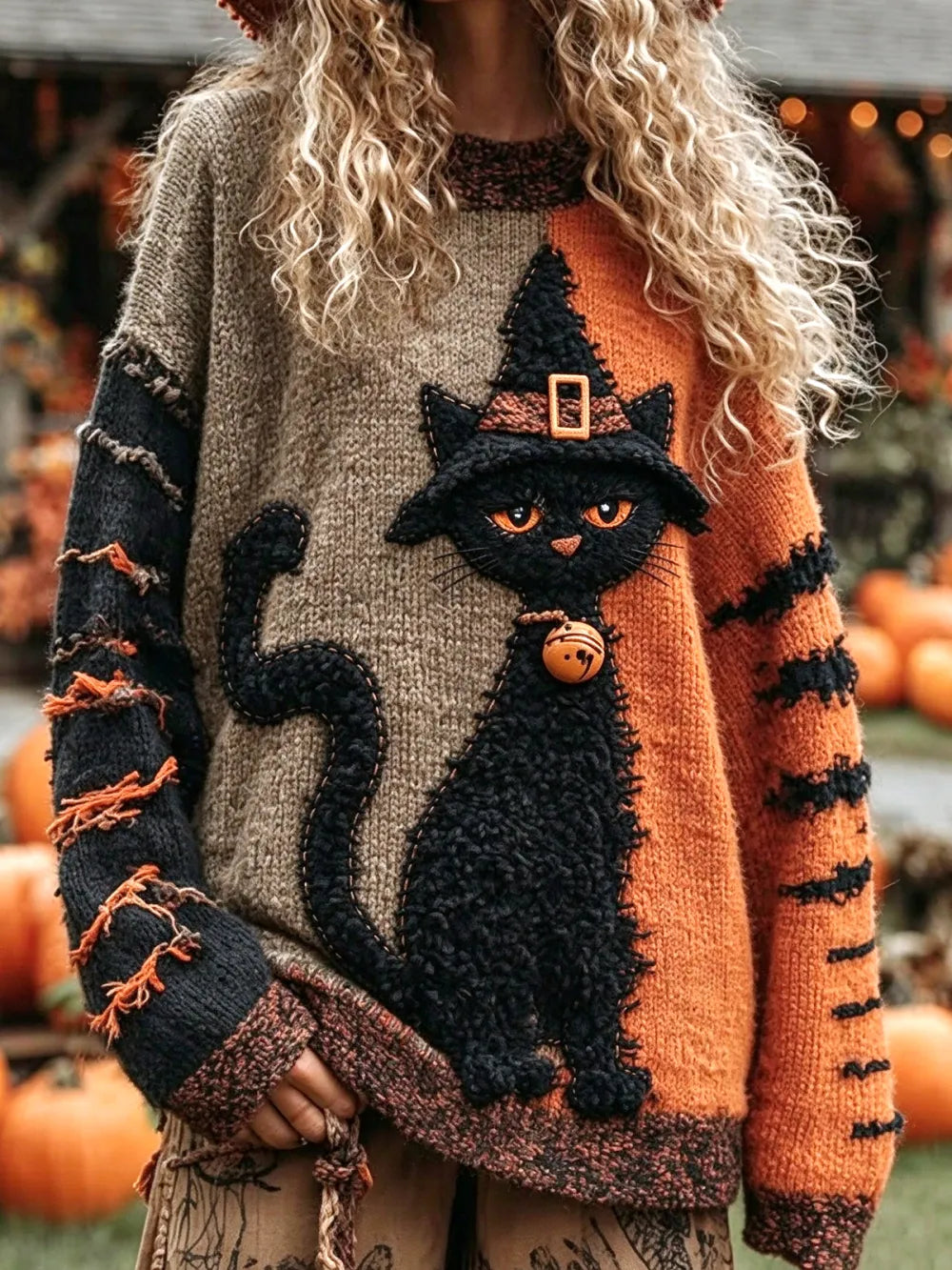 Women's Cat-Pattern Crew-Neck Drop-Shoulder Sweater