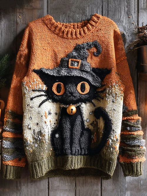 Women's Cat-Pattern Crew-Neck Drop-Shoulder Sweater