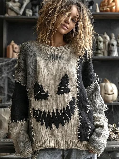 Women's Ghost-Pattern Crew-Neck Drop-Shoulder Sweater
