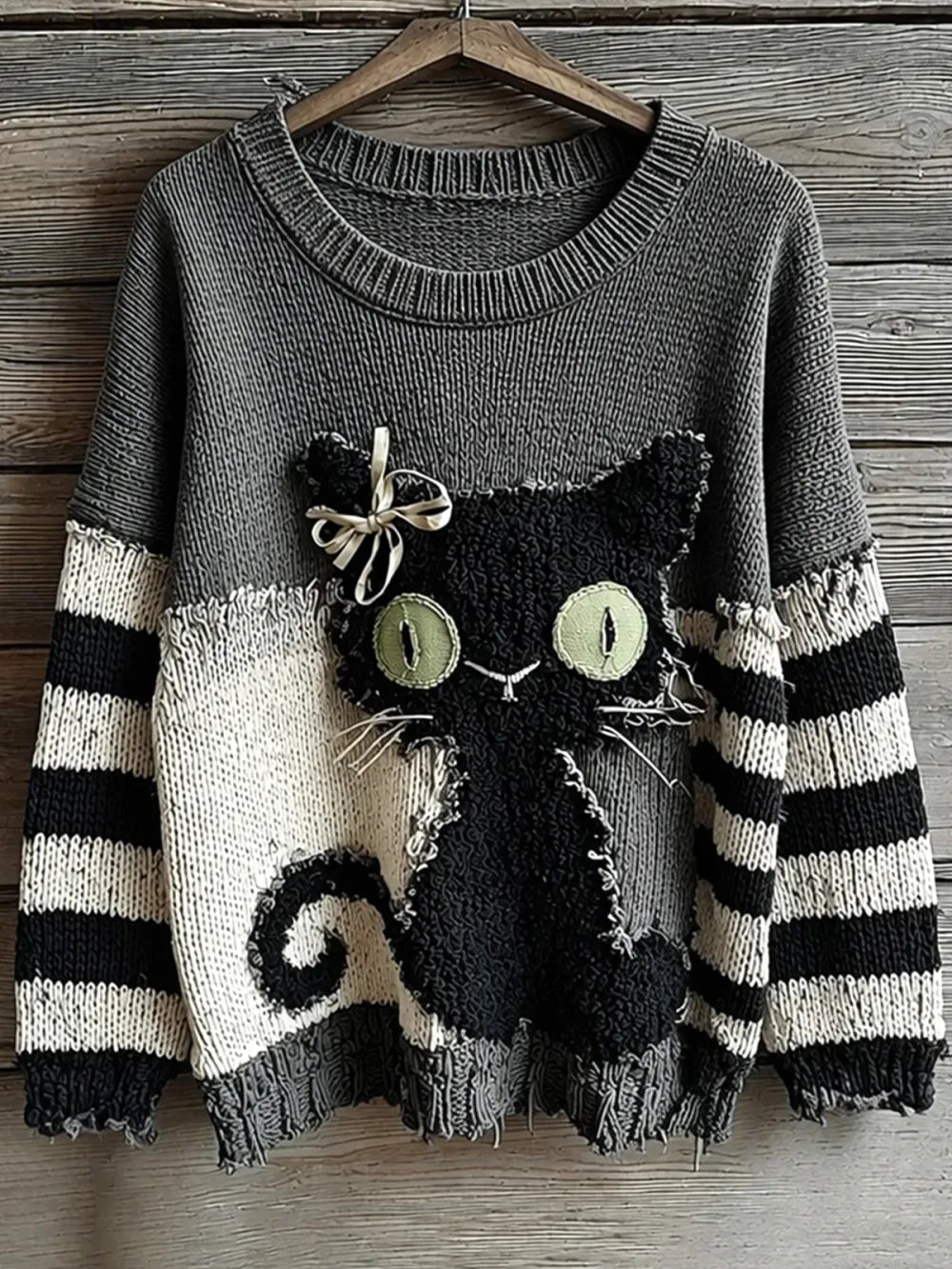 Women's Cat-Pattern Crew-Neck Drop-Shoulder Sweater
