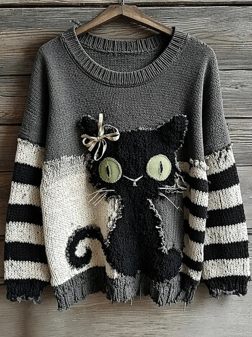 Women's Cat-Pattern Crew-Neck Drop-Shoulder Sweater