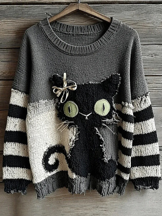 Women's Cat-Pattern Crew-Neck Drop-Shoulder Sweater