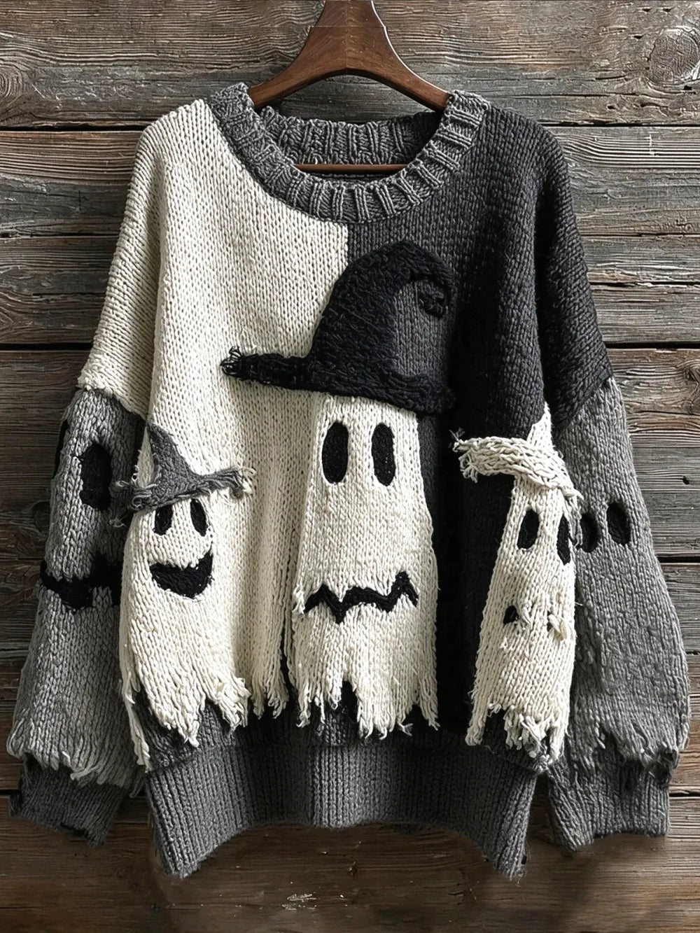 Women's Ghost-Pattern Crew-Neck Drop-Shoulder Sweater