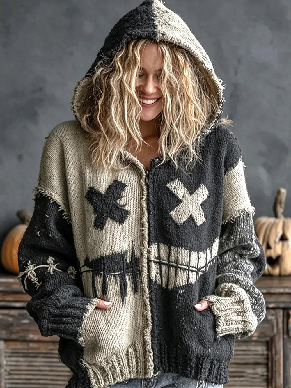 Women's Halloween-themed knitted zip-up hoodie