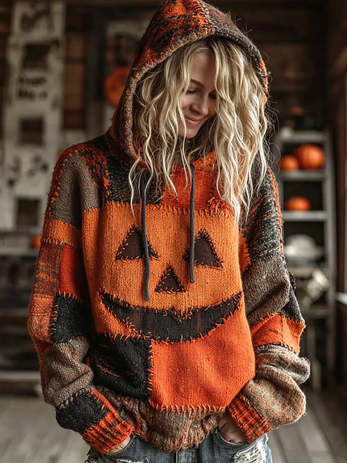 Women's Pumpkin-Themed Hooded Knit Sweatshirt