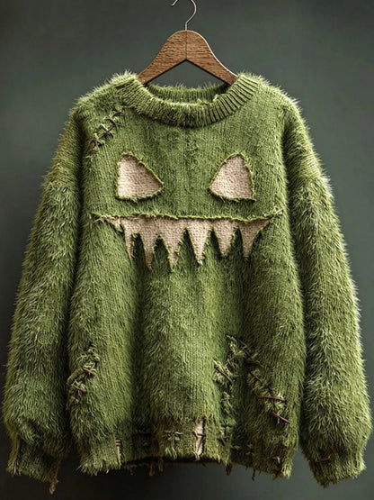 Women's Halloween-Themed Flannel Crewneck Drop-Shoulder Sweatshirt