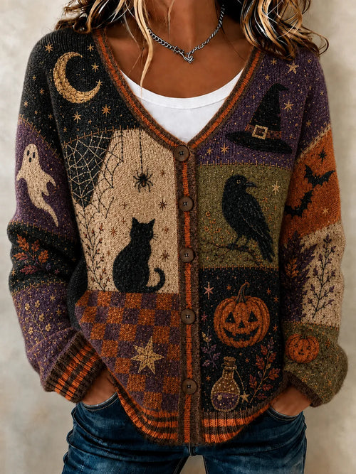 Women'S Retro Halloween Patchwork Print Casual Knit Cardigan