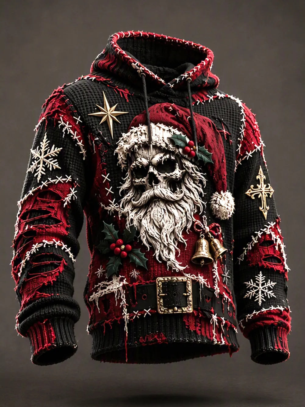 Men's Halloween Skeleton Santa Waffle-Knit Hoodie