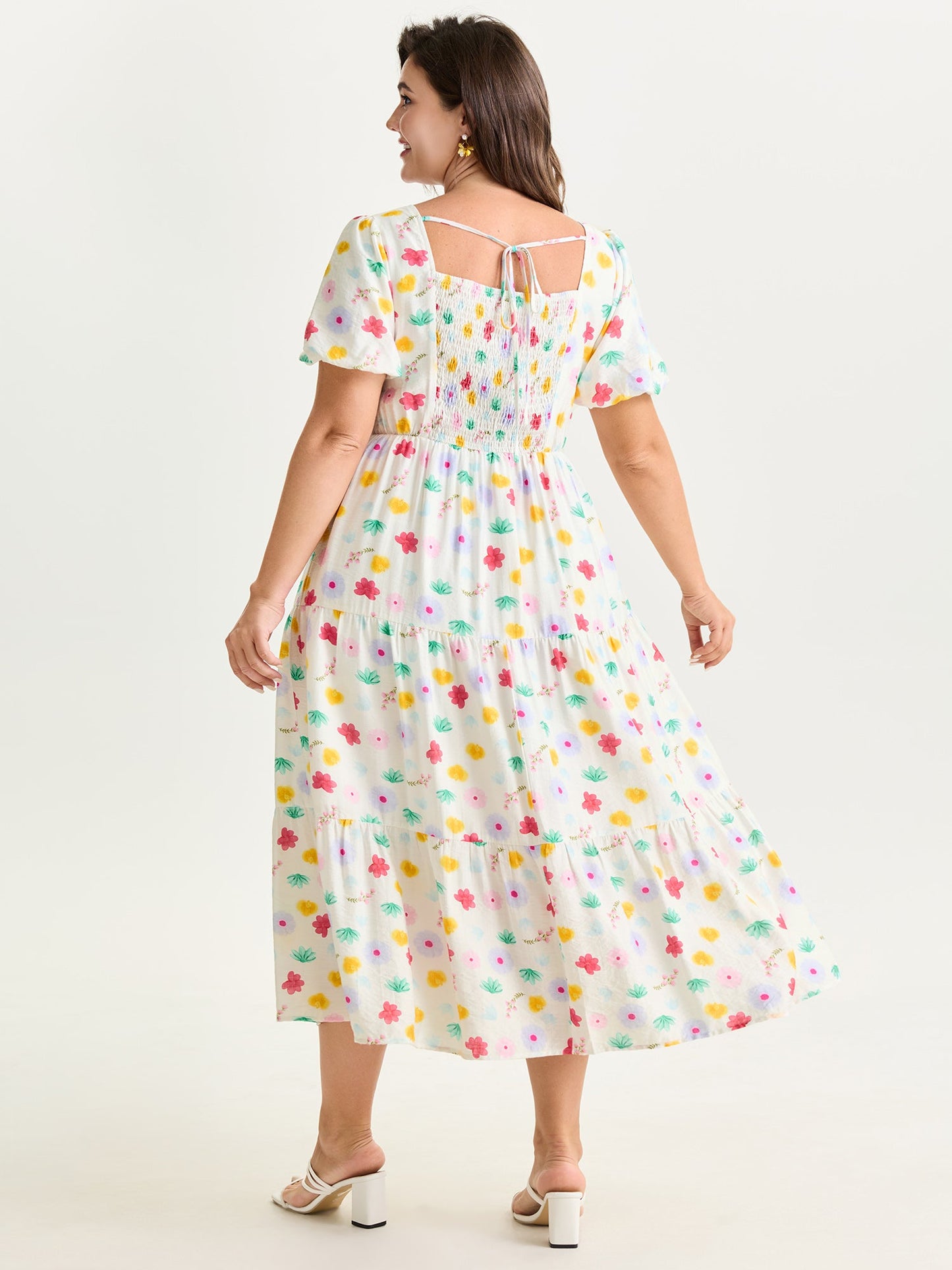 Playful Floral Print Pleated Flowy Midi Dress
