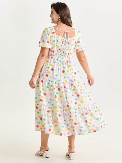 Playful Floral Print Pleated Flowy Midi Dress