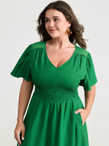 Lace Cut-Out Shirred Solid Maxi Dress