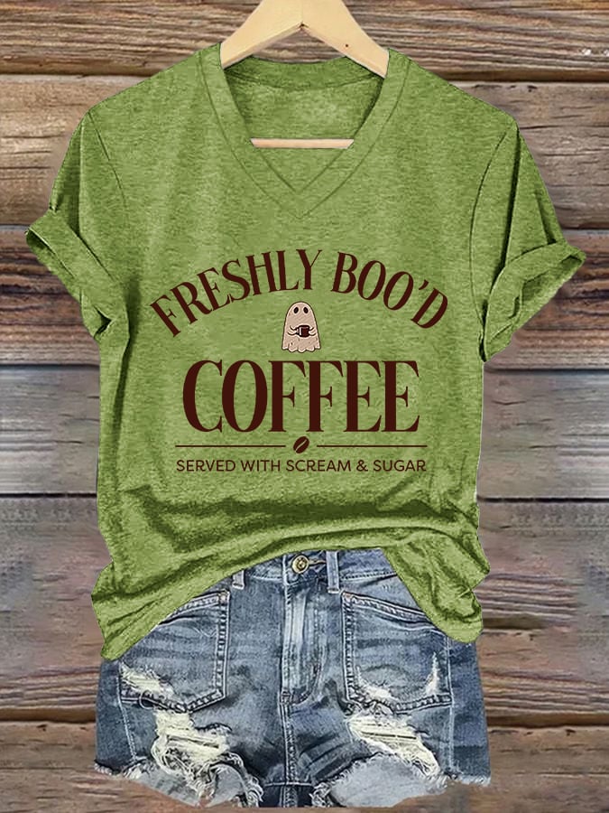 🔥HOT SALE🔥V-Neck Retro Halloween Ghost Freshly Boo'd Coffee Served With Scream & Sugar Print T-Shirt