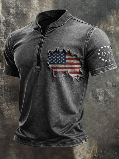 Men's Vintage 100% Cotton Washed & Distressed American Flag Zip-Up T-Shirt
