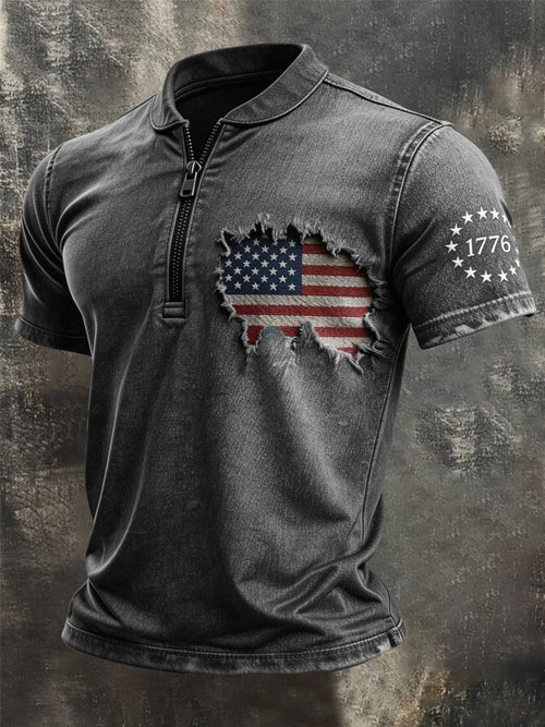 Men's Vintage 100% Cotton Washed & Distressed American Flag Zip-Up T-Shirt