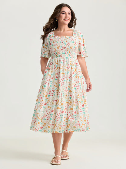 Sweet Floral Print Shirred Square Neckline Midi Dress