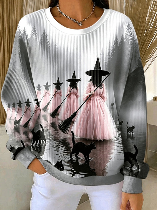 Women'S Pink Witch Theme Print Casual Sweatshirt