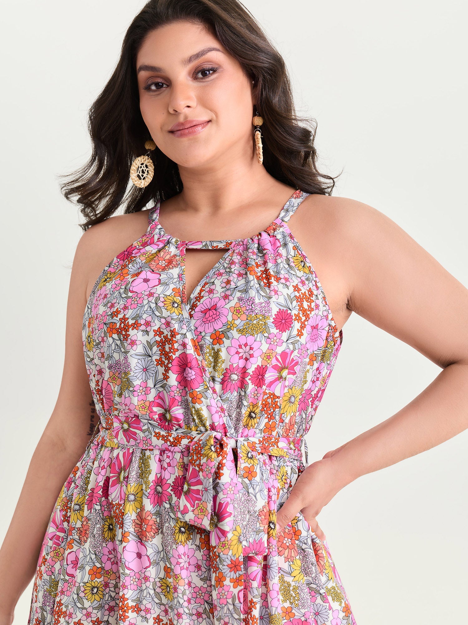 Floral Print Halter Neckline Waist-Tie Maxi Dress