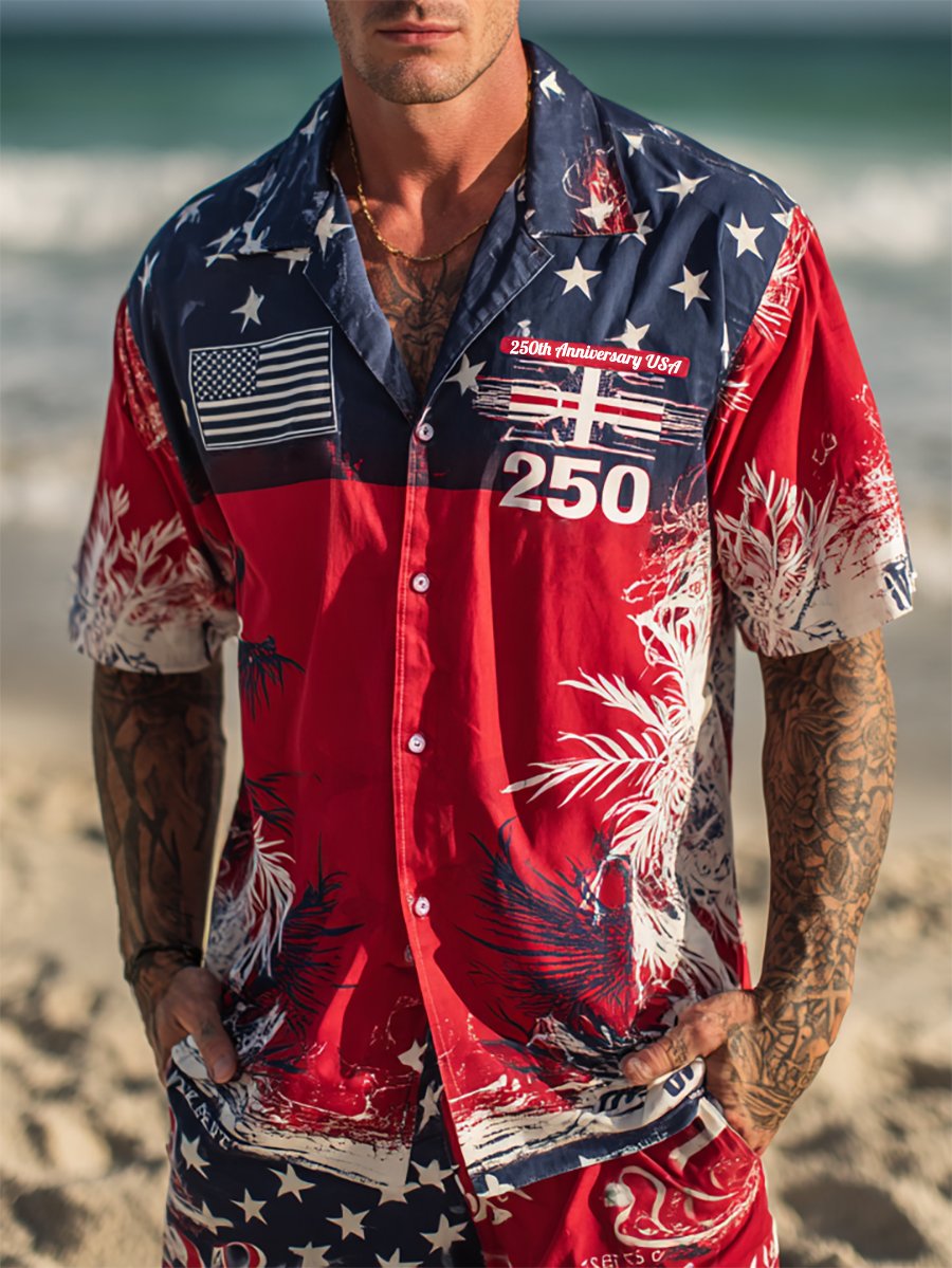 Men's Retro Vacation American 250th Anniversary Cuban Collar Short-Sleeved Shirt