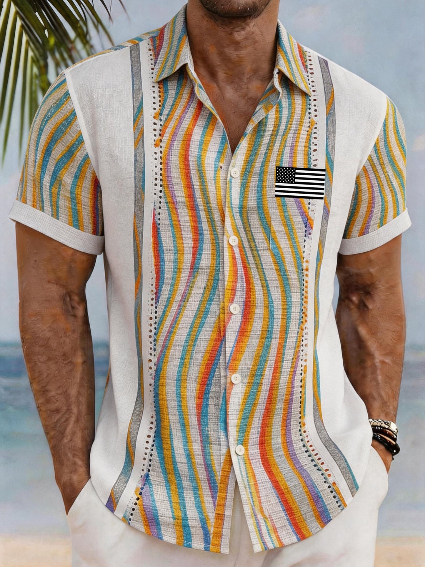 Men's Casual Vacation Patriotic Shirt with Flag Color-Blocking