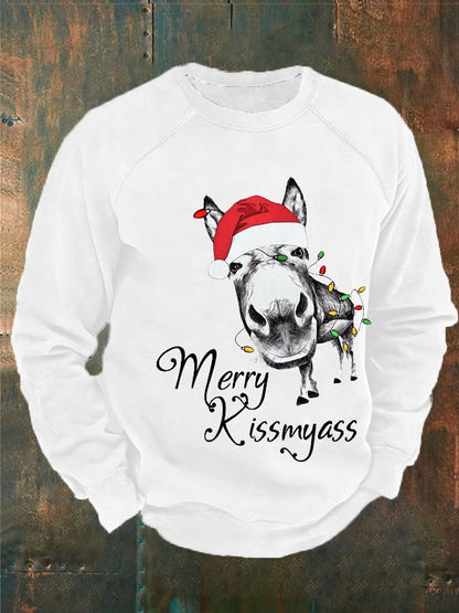 Men's Funny Merry Christmas Merry Kiss My Ass Donkey Printed Sweatshirt
