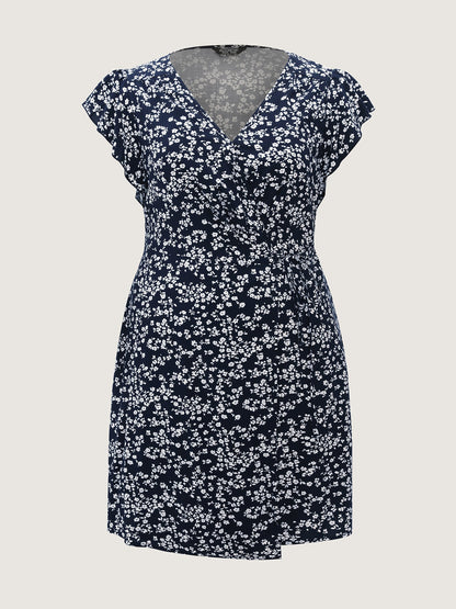Rayon Floral Print Pleated Pockets Mini Dress
