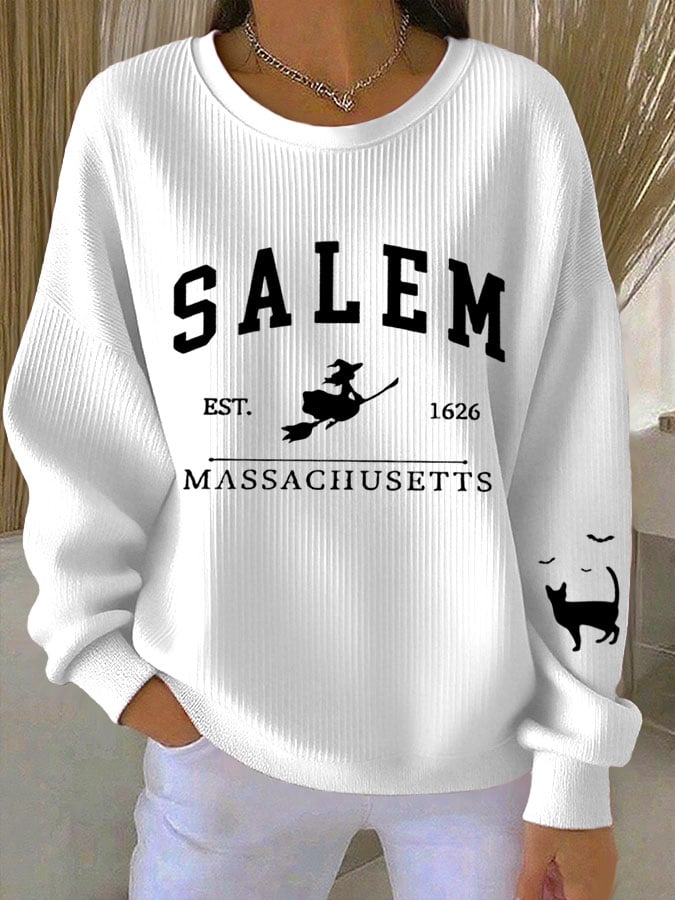 🔥Buy 2 Get 10% Off🔥Women's Halloween SALEM EST. 1626 MASSACHUSETTS Print Crew Neck Long Sleeve Top