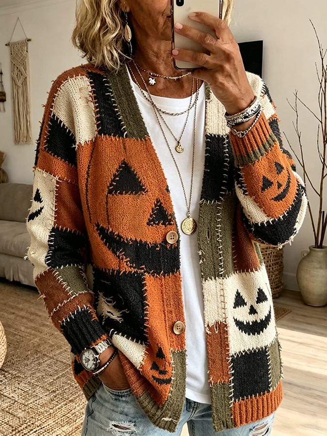 Women'S Casual Pumpkin Patchwork Knitted Cardigan Top