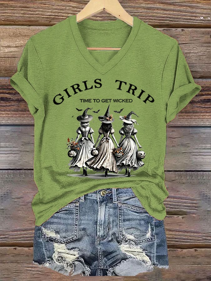 Women's Funny Halloween Witch Girls Trip Time To Get Wicked Casual V-Neck Tee