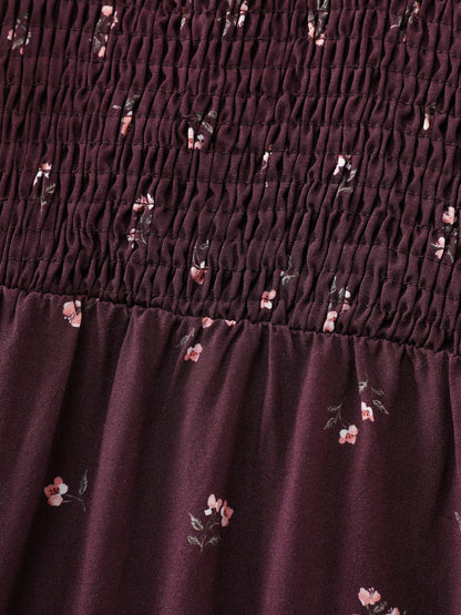 Micro Floral Shirred Bodice Midi Dress