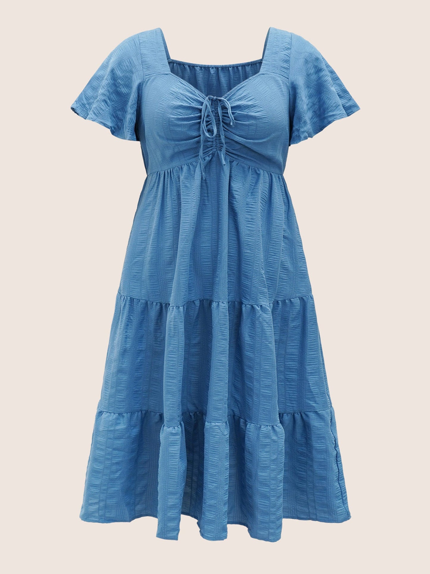 Plain Ruched Drawstring Pocket Ruffle Tiered Dress
