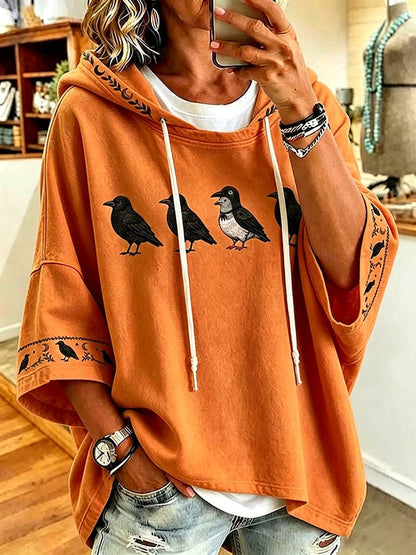 Women's Halloween Crow Print Hooded Sweatshirt
