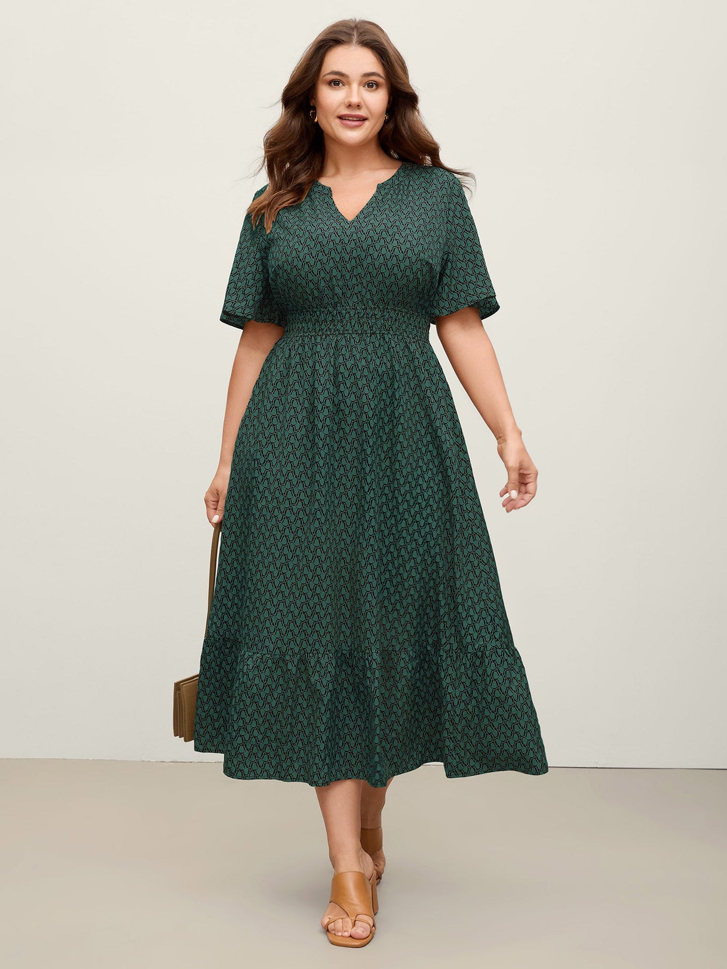 Geometric Print Waist-Cinched Tiered Midi Dress