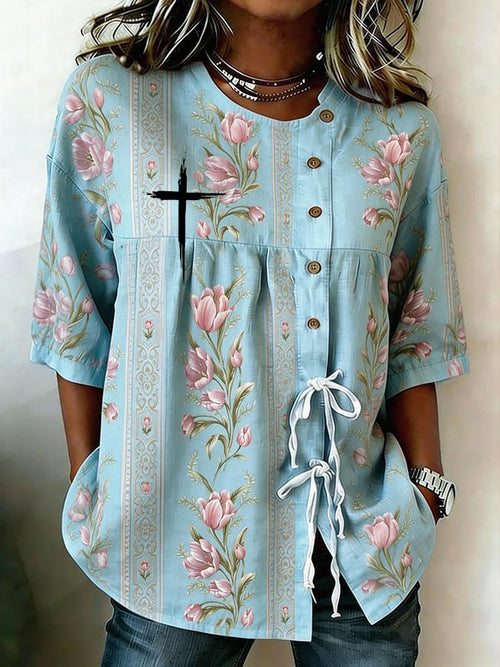 Women's Faith Floral Print Half Sleeve Casual Blouse