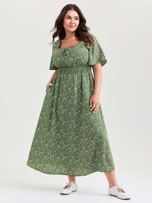 Floral Print Shirred Pockets Midi Dress