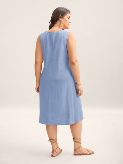 Cotton Toothpick Pleat Plain Midi Dress
