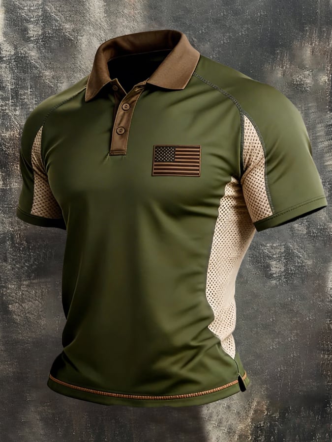 Men's Retro Spliced Breathable Mesh "Patriot" Polo-Collar Casual T-Shirt