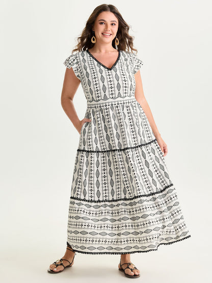 Geometric Print Lace Trim Tiered Maxi Dress
