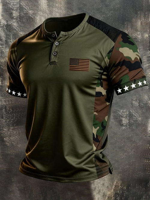 Men's Retro Patriotic Color-Block Short-Sleeve Henley T-Shirt