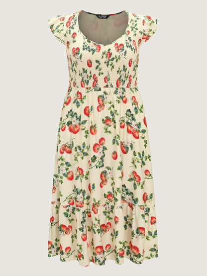 Zesty Fruit Print Shirred Bodice Midi Dress